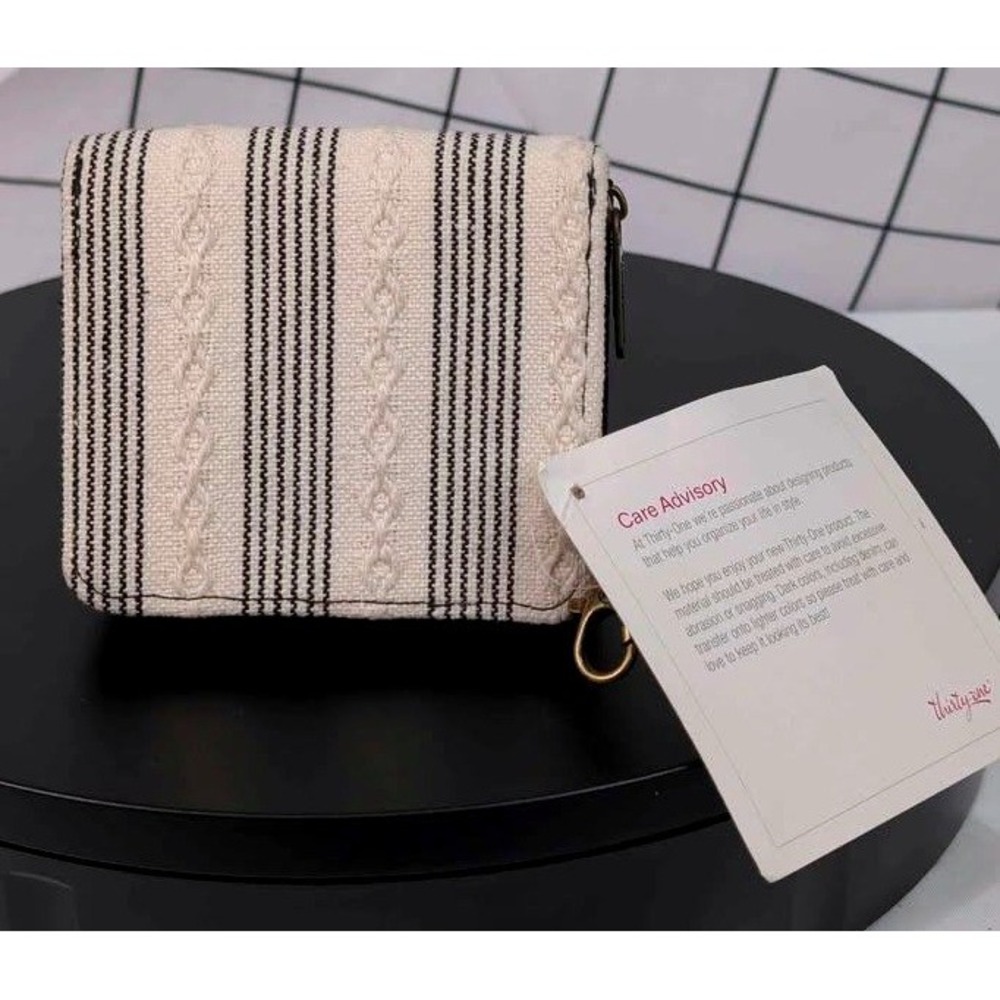Thirty-One ~ Zip Around Wallet ~ Cream/Black Striped ~ Cable Knit Boho ~ NWT